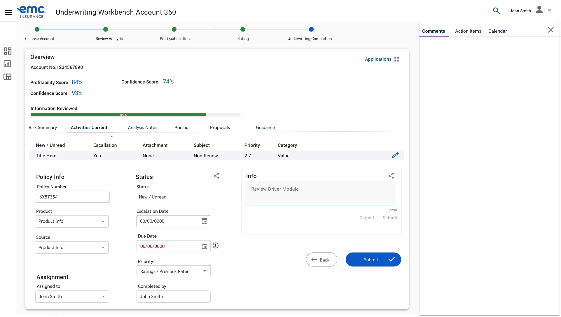 Underwriting Workbench Account 360, full account overview